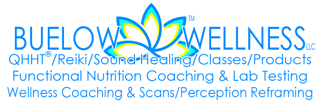 The Buelow Wellness name is split up by the lotus logo.  Below are three lines of text that outlines the offerings of Buelow Wellness LLC.