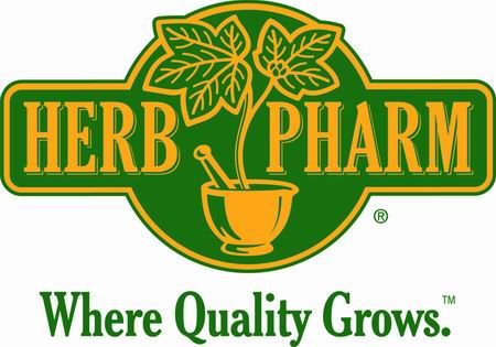 On a white background the words Herb Pharm are in Yellow and are on a green patch with a tree growing from a mortar and pestle between them. Where Quality Grows
