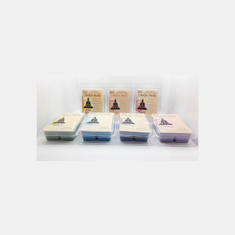 The seven Buelow Naturals chakra wax melts are photographed.