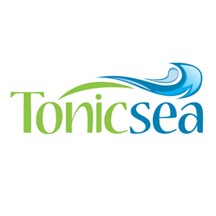 On a white background the word Tonic is in lime  green and sea is connected to it in blue making up the company name with a wave of lime green and blue above it