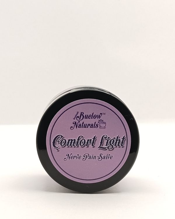 The best selling Buelow Naturals salve, Comfort Light, is photographed.