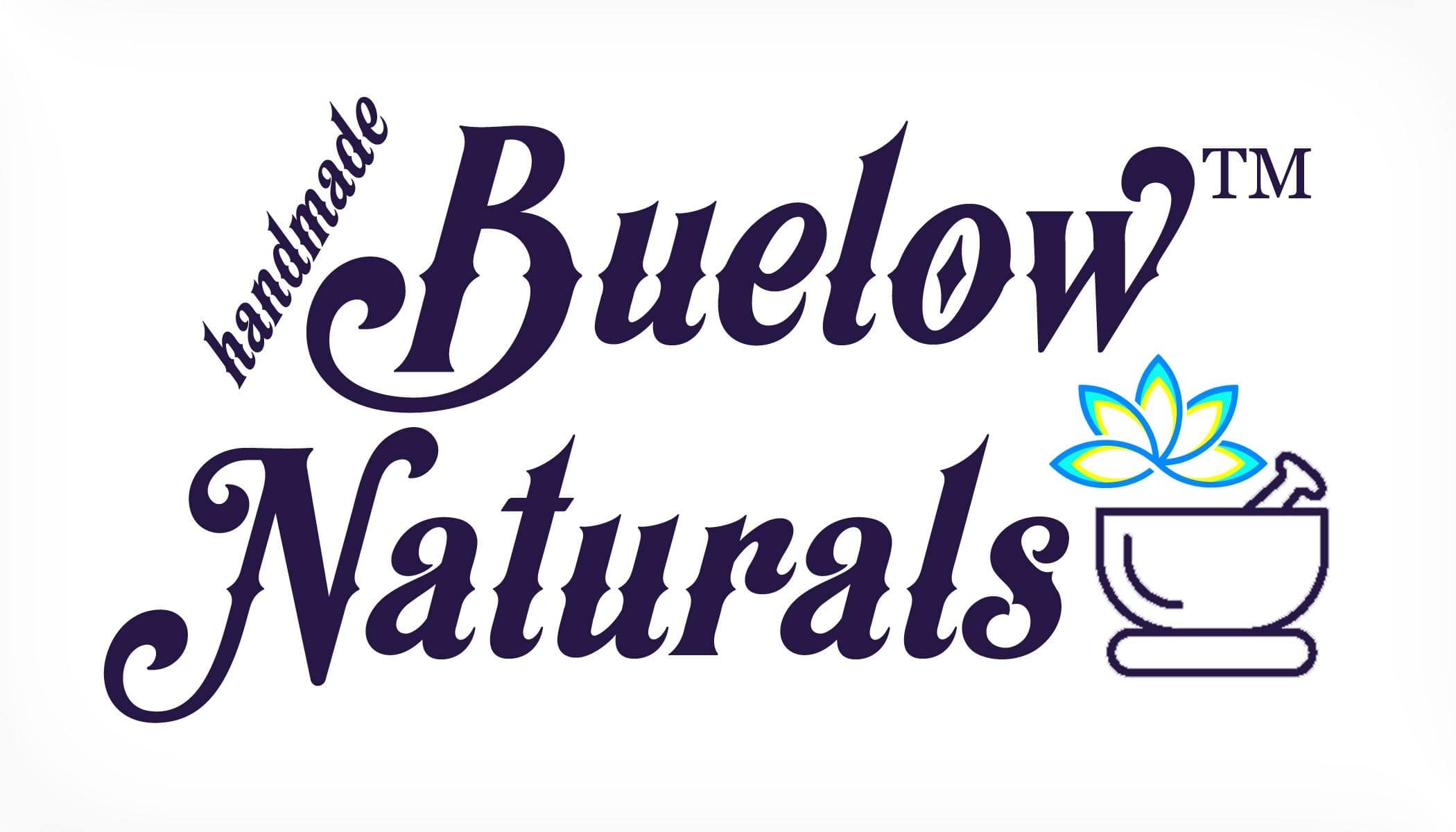 on a white background are the words Buelow Naturals with handmade to the left at a slant. A mortar and pestle with the Buelow Wellness lotus is to the right.